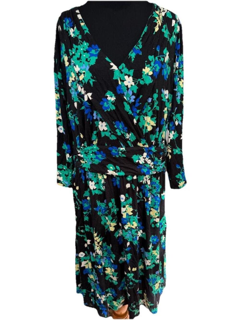 ELLE 0X Floral Wrap Midi Dress Black Green Blue White 3/4 Sleeve Plus Size